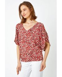 Roman - Animal Print V-Neck Cold Shoulder Stretch Top - Lyst