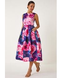 Roman - Rose Print Pleated Premium Stretch Midi Dress - Lyst