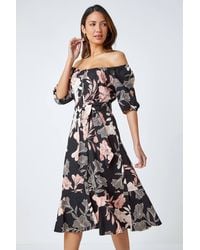 Roman - Floral Linen Blend Bardot Midi Dress - Lyst