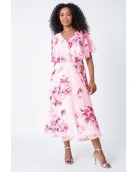 Roman Petite - Floral Cape Chiffon Midi Dress - Lyst