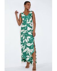 Roman - Leaf Print Satin Bodycon Midi Dress - Lyst