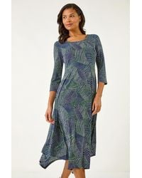 Roman - Leaf Puff Print Hanky Hem Midi Dress - Lyst