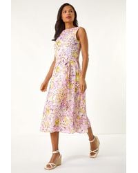 Roman - Floral Print Pleat Neck Midi Dress - Lyst