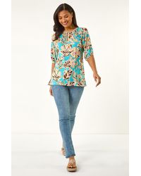 Roman - Floral Printed Keyhole Front Stretch Top - Lyst