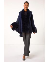 Roman - Faux Fur Trim Knitted Poncho - Lyst