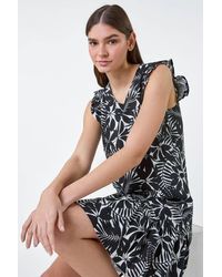 Roman - Leaf Print Linen Blend Frill Detail Dress - Lyst
