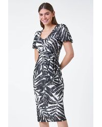 Roman - Leaf Print Stretch Bodycon Lace Tie Dress - Lyst