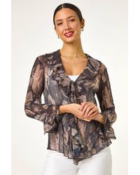 Roman - Metallic Print Frill Front Plisse Top - Lyst