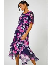 Roman - Floral Chiffon Frill Asymmetric Midi Dress - Lyst