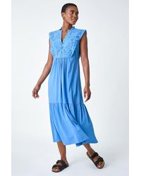 Roman - Broderie Frilled Cotton Midi Dress - Lyst