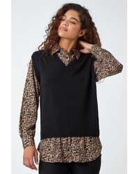 Roman - Contrast Animal Trim Shirt Longline Jumper - Lyst