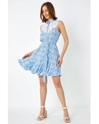 Roman - Sleeveless Lace Trim Floral Shirt Dress - Lyst