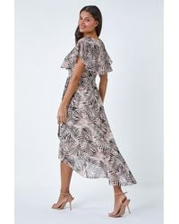 Roman - Leaf Print Chiffon Midi Wrap Dress - Lyst