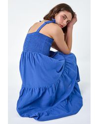 Roman - Shirred Tie Cotton Tiered Midi Dress - Lyst