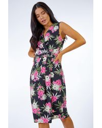Roman Petite - Side Buckle Floral Ruched Midi Dress - Lyst