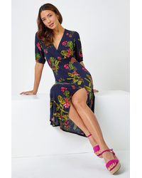 Roman - Tropical Print Stretch Wrap Midi Dress - Lyst