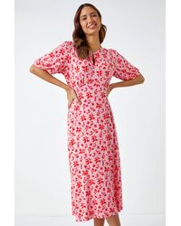 Roman - Floral Print Keyhole Stretch Midi Dress - Lyst