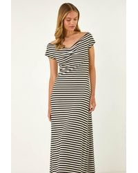 Roman - Stripe Bardot Knit Midi Stretch Dress - Lyst