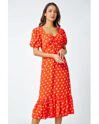 Roman - Polka Dot Twist Front Midi Dress - Lyst