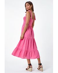 Roman - Shirred Tie Cotton Tiered Midi Dress - Lyst
