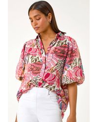 Roman - Floral Leaf Print Puff Sleeve Shirt - Lyst