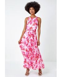 Roman - Floral Halter Neck Pleated Chiffon Maxi Dress - Lyst