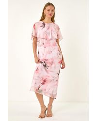 Roman - Floral Frill Chiffon Cape Midi Dress - Lyst