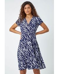 Roman - Zebra Print Stretch Wrap Skater Dress - Lyst