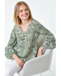 Roman - Abstract Print V-Neck Frill Detail Top - Lyst