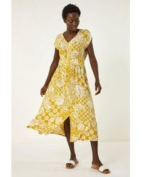 Roman - Leaf Print Button Midi Dress - Lyst