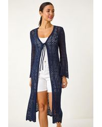 Roman - Longline Tie Cotton Blend Knit Cardigan - Lyst