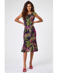 Roman - Tropical Print Fluted Lace Dress - Lyst