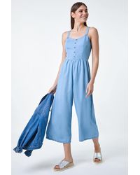 Roman - Denim Shirred Back Strappy Jumpsuit - Lyst