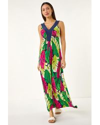 Roman - Leaf Print Contrast Band Maxi Dress - Lyst