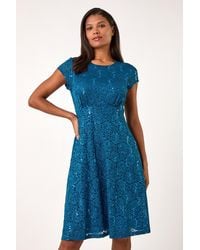 Roman - Sequin Fluted Hem Lace Stretch Dress - Lyst