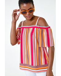 Roman - Stripe Print Cold Shoulder Bardot Top - Lyst