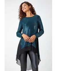 Roman - Chiffon Hem Sequin Stretch Tunic Top - Lyst