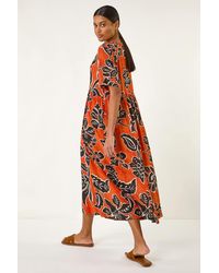 Roman - Leaf Print Tie Front Midi Dress - Lyst