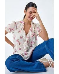 Roman - Textured Spot Floral Print V-Neck Frill Top - Lyst