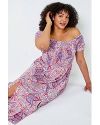 Roman Curve - Paisley Print Shirred Stretch Midi Dress - Lyst