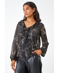 Roman - Metallic Floral Print V-Neck Ruffle Top - Lyst