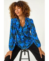 Roman - Foil Floral Print Ruffle Front Top - Lyst
