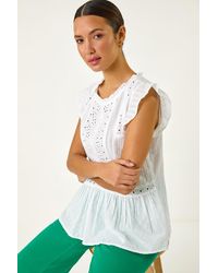 Roman - Broderie Anglaise Frill Sleeve Top - Lyst