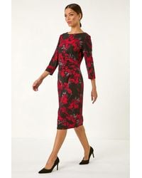 Roman - Leaf Print Side Pleat Stretch Dress - Lyst