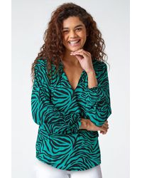 Roman - Animal Print Tie Neck Stretch Top - Lyst