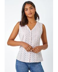 Roman - Sleeveless Embroidered Cotton Blouse - Lyst