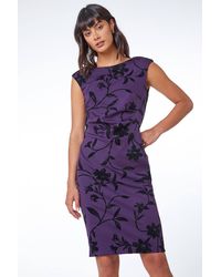 Roman - Textured Shimmer Floral Print Ruched Dress - Lyst