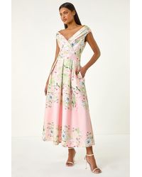 Roman - Floral Print Bardot Midi Stretch Dress - Lyst