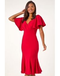 Roman - Flared Sleeve Front Wrap Stretch Dress - Lyst