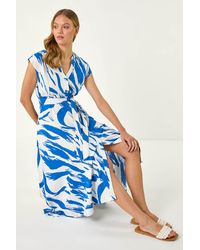 Roman - Brushstroke Linen Mix Midi Dress - Lyst